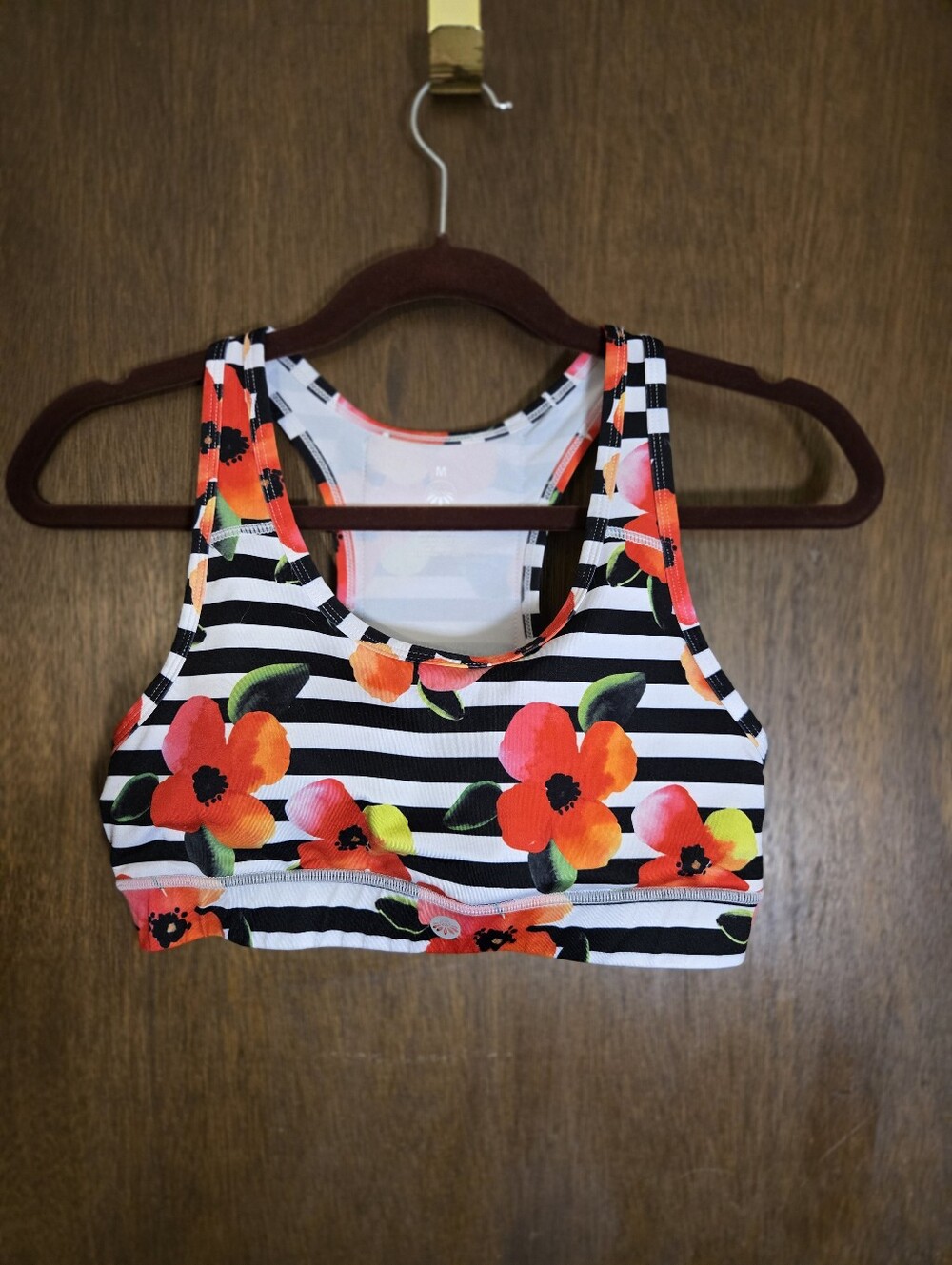 Senita Athletics Floral Stripe Sports Bra Black, White Orange Medium Cell Pocket